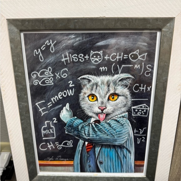 Framed Science Cat Art with Gray and White Frame - Picture 1 of 1